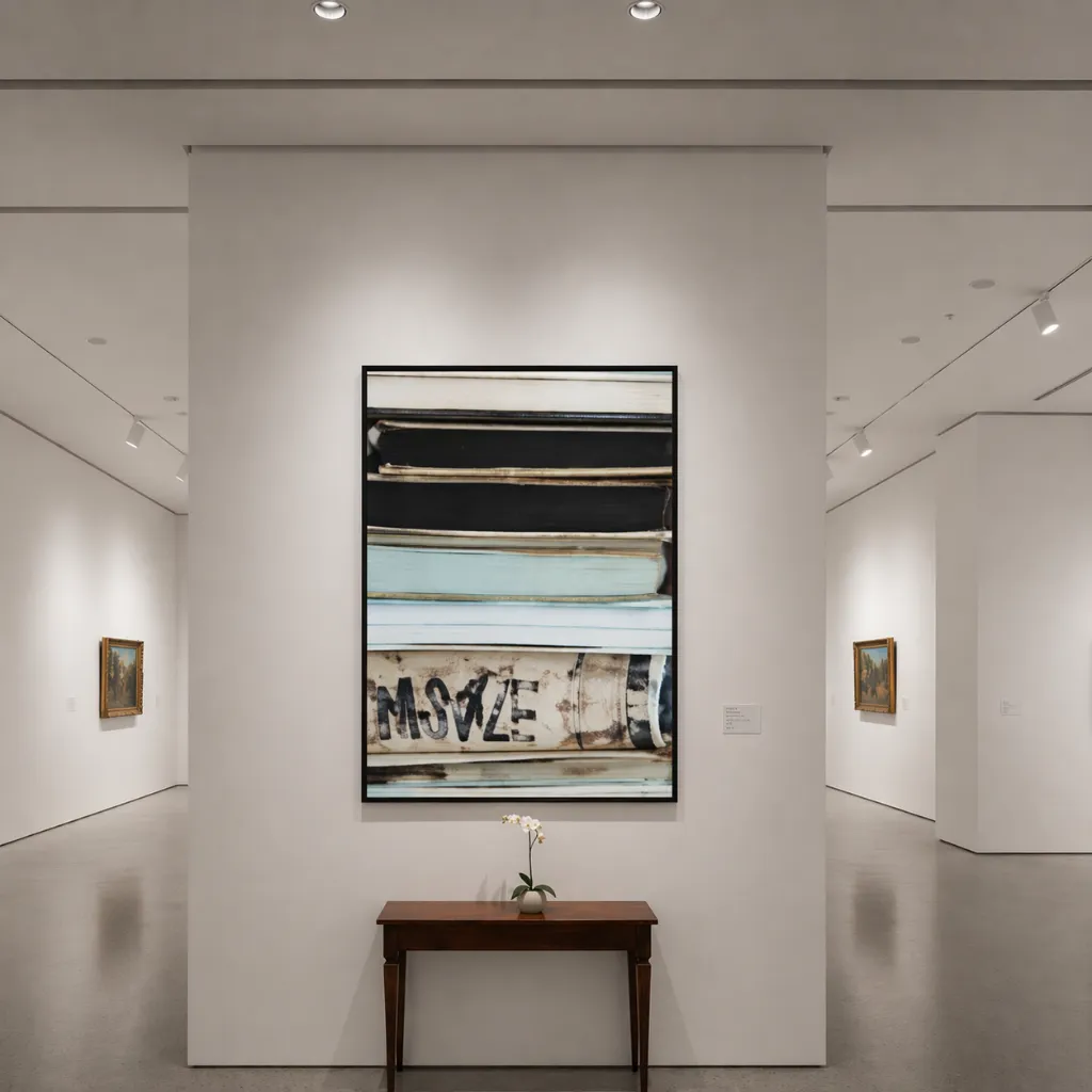 Minimalist gallery with stacked books art.webp