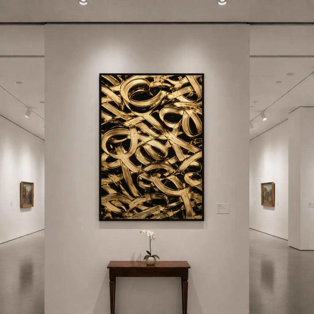 Modern gallery with golden abstract art.webp