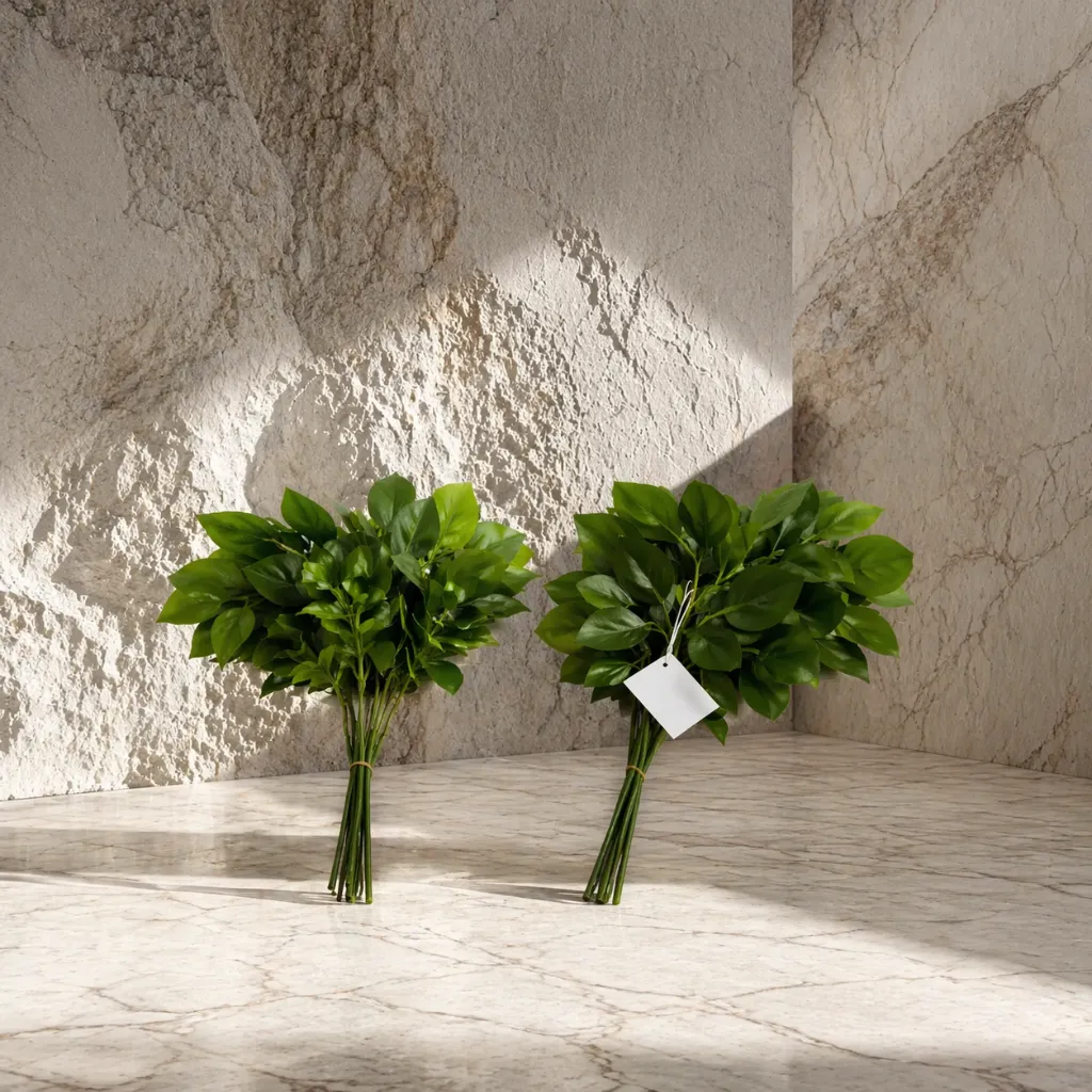 Serene marble corner with green foliage.webp