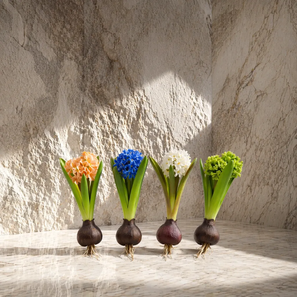 Sunlit hyacinths on marble surface.webp