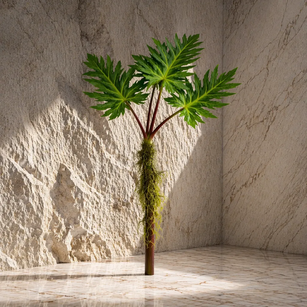 Sunlit plant in stone corner.webp