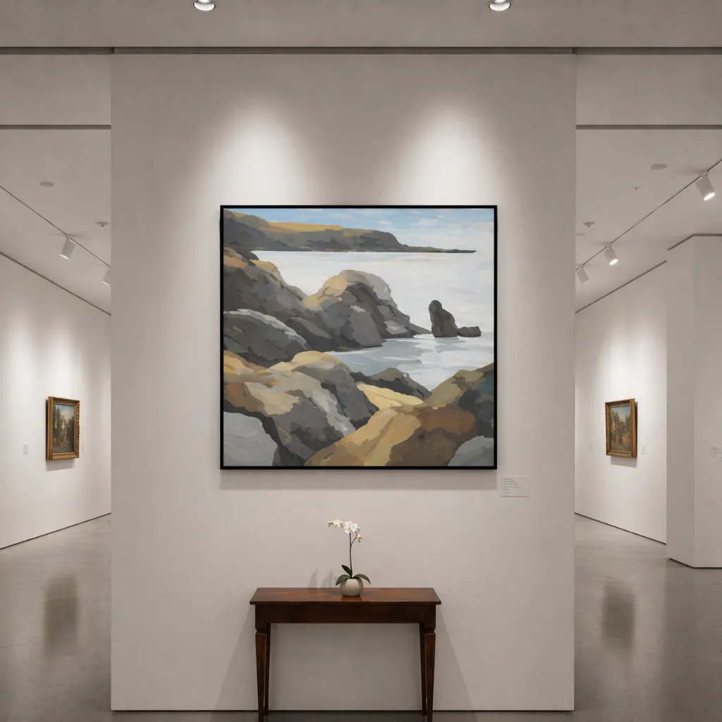 Modern gallery with coastal artwork.webp