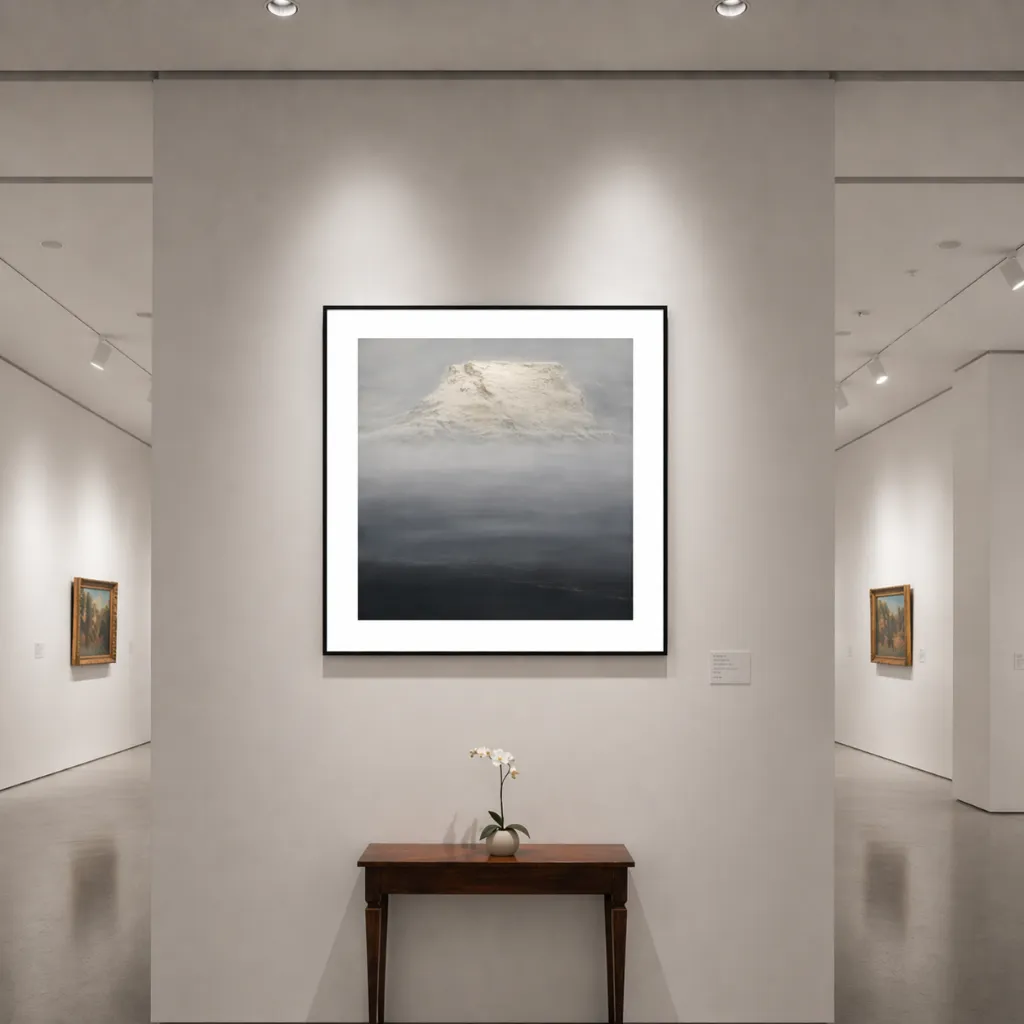 Serene gallery with misty mountain artwork.webp