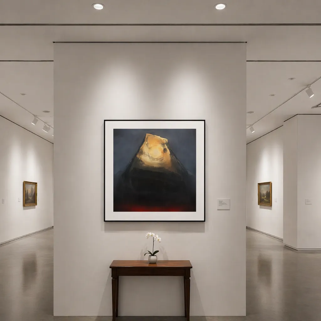 Minimalist gallery with abstract mountain art.webp