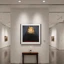 Minimalist gallery with abstract mountain art.webp