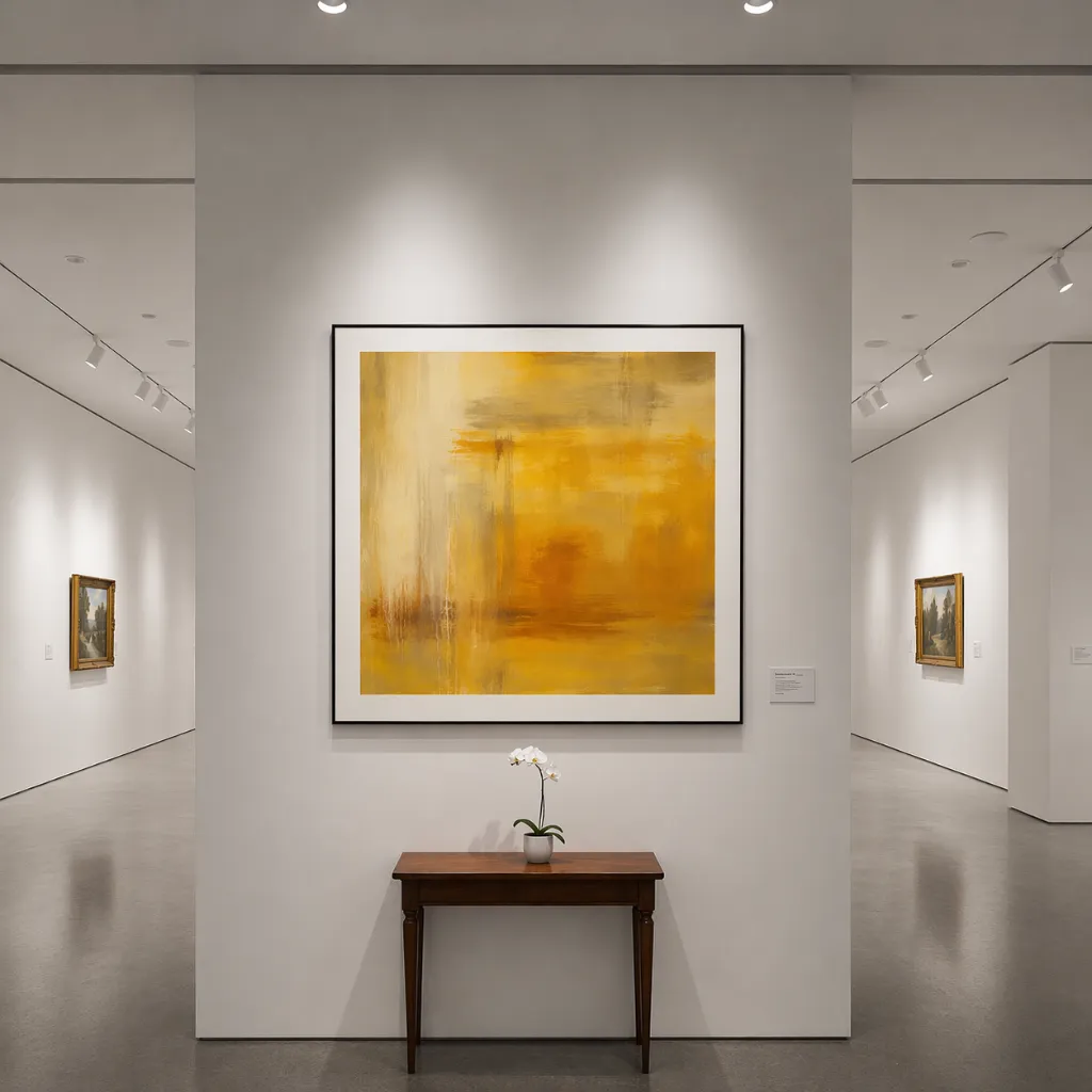 Minimalist art gallery with golden abstract painting.webp