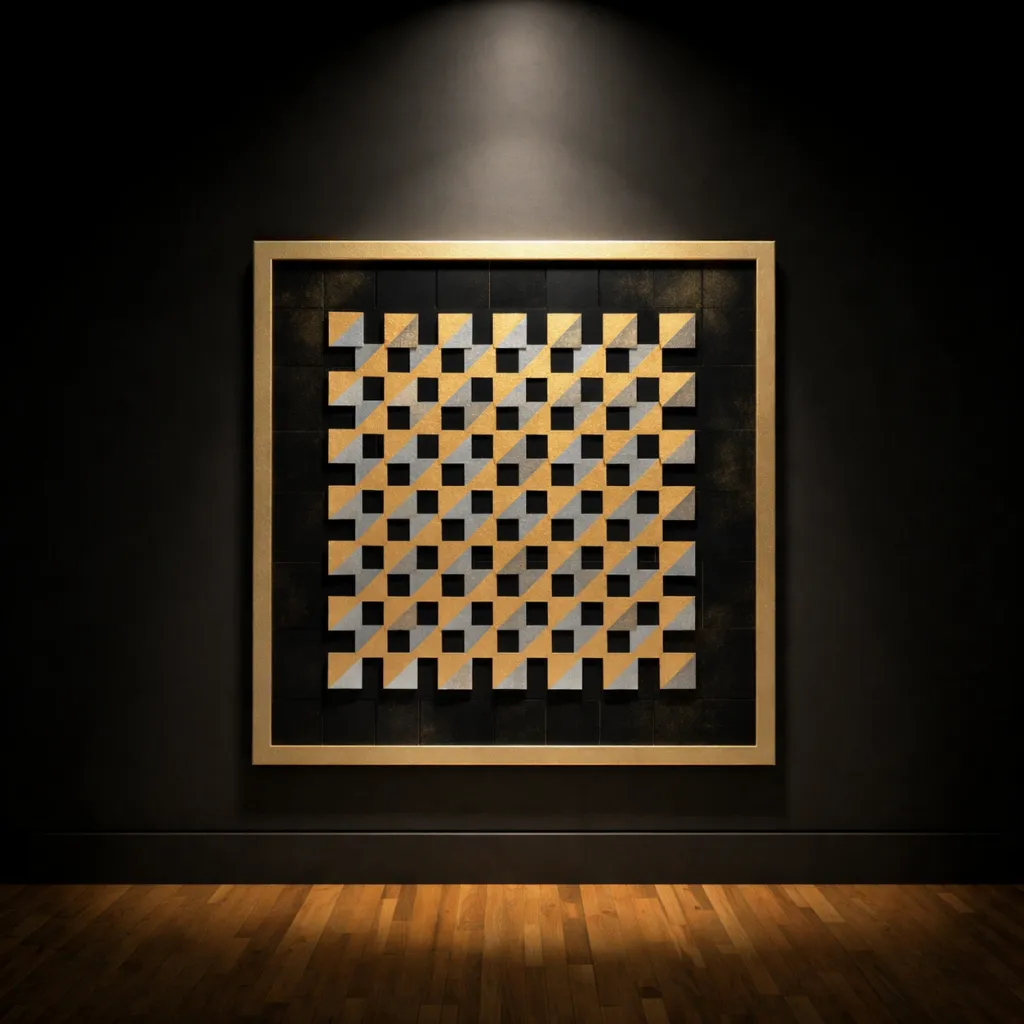 Geometric art on a dark gallery wall.webp