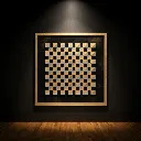 Geometric art on a dark gallery wall.webp