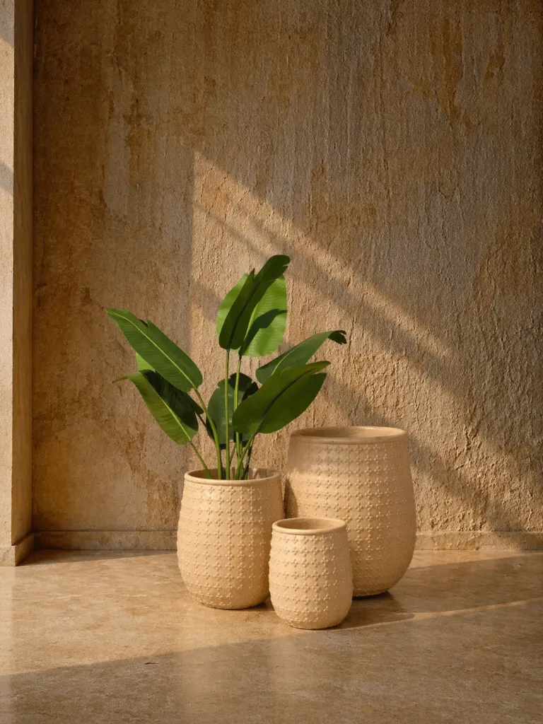 Sunlit rustic pots and plant.webp