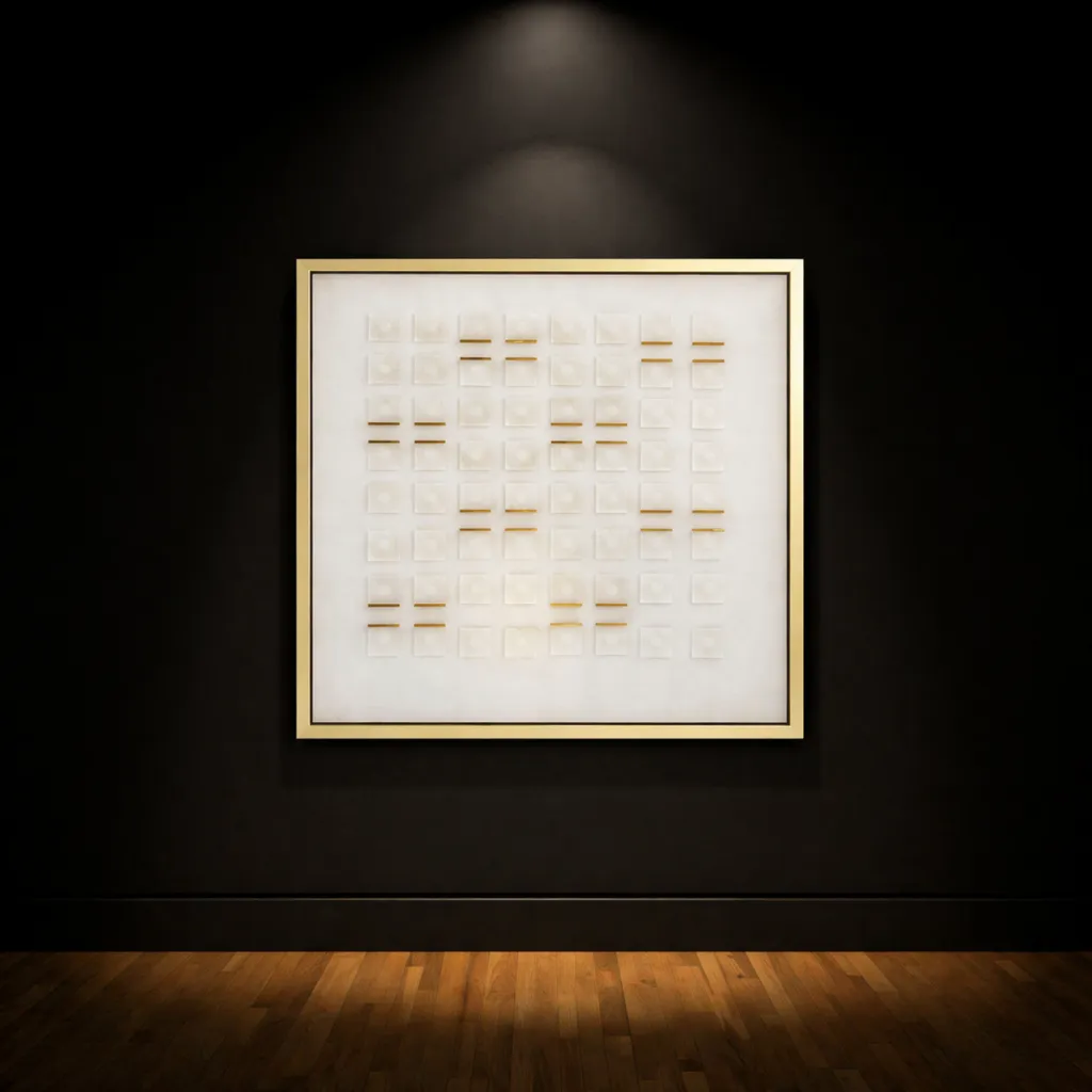 Minimalist art gallery with golden accents.webp