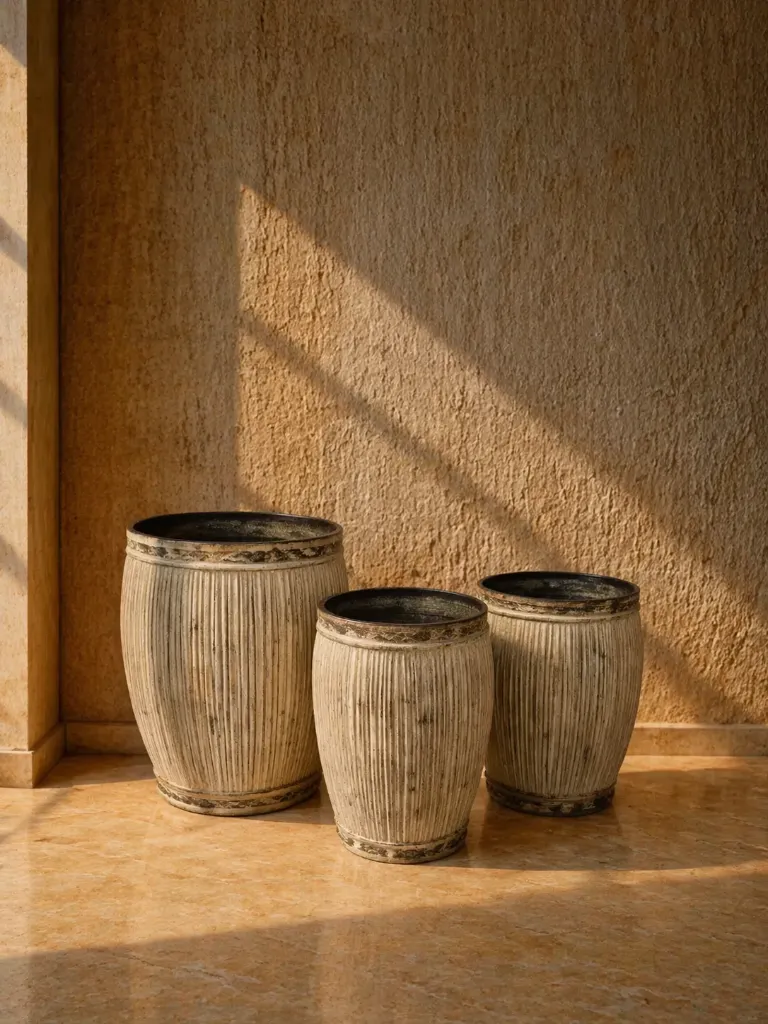 Serene still life with aged planters.webp
