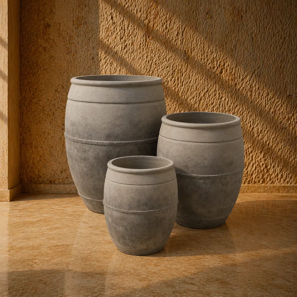 Sunlit stone pots on rustic stone floor.webp