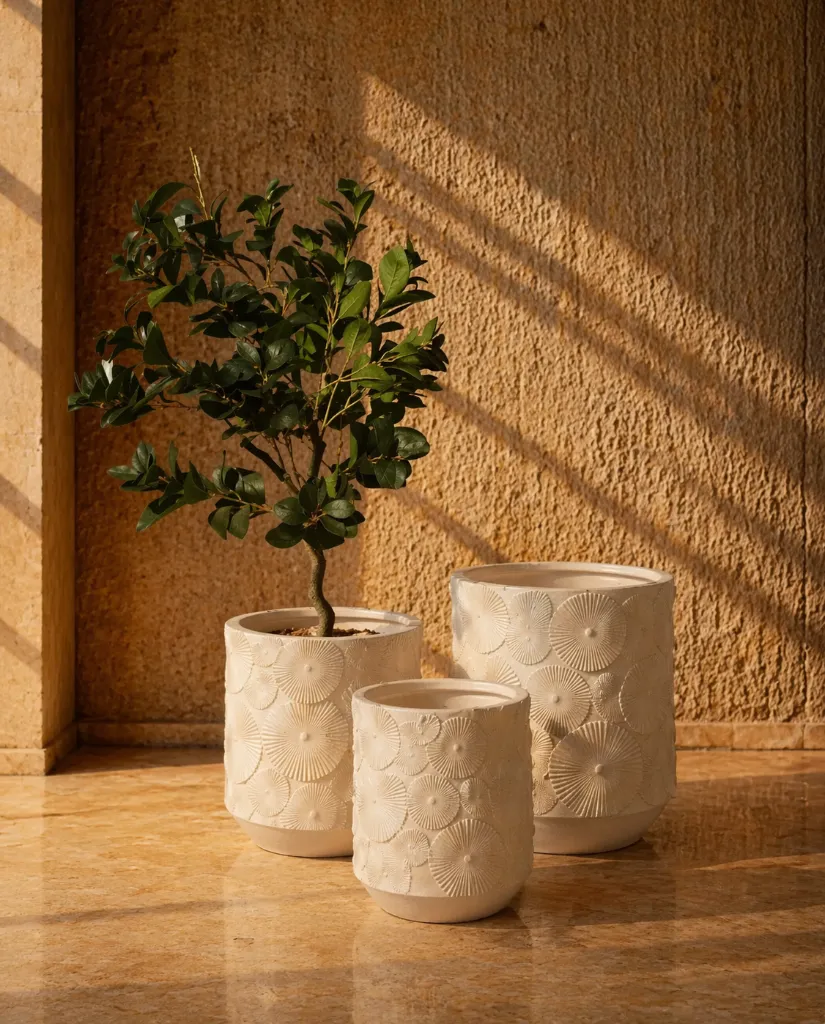 Sunlit serenity with decorative planters.webp