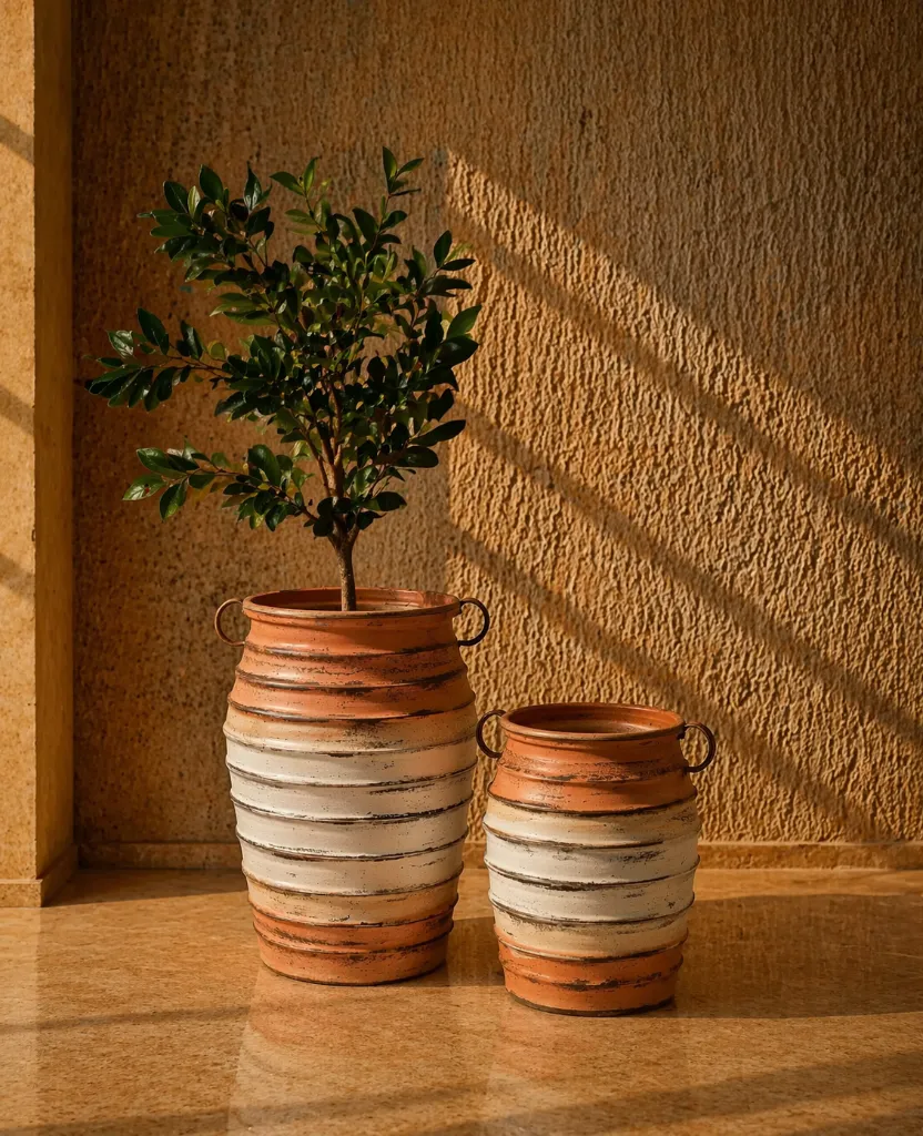 Rustic terracotta still-life with sunlight.webp