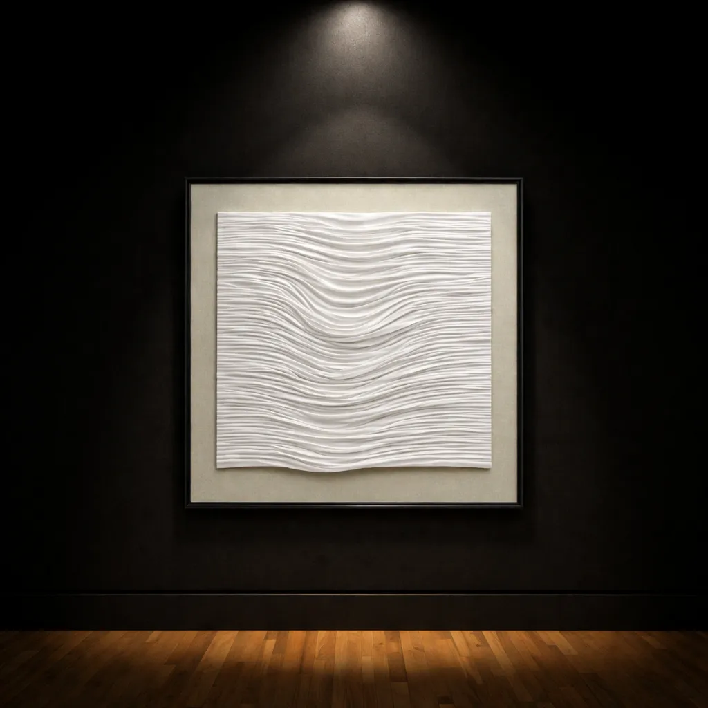 Minimalist gallery with textured relief artwork.webp