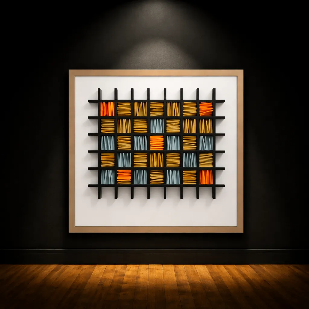 Modern grid art on gallery wall.webp