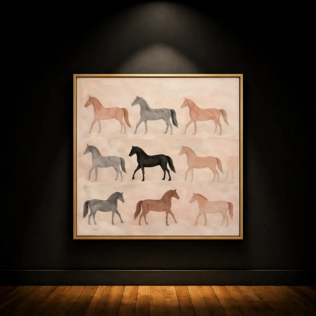 Horses in watercolor gallery exhibition.webp