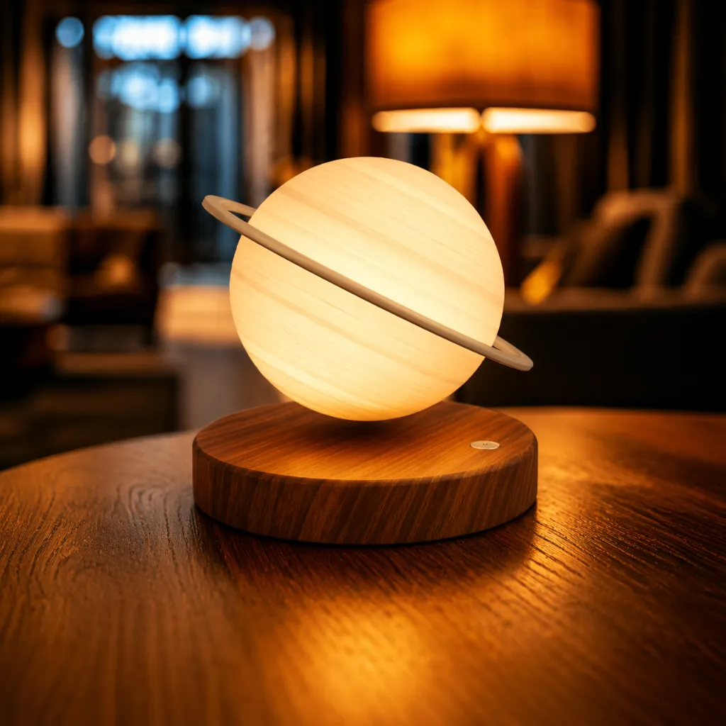 Levitating lamp in a cozy setting.webp