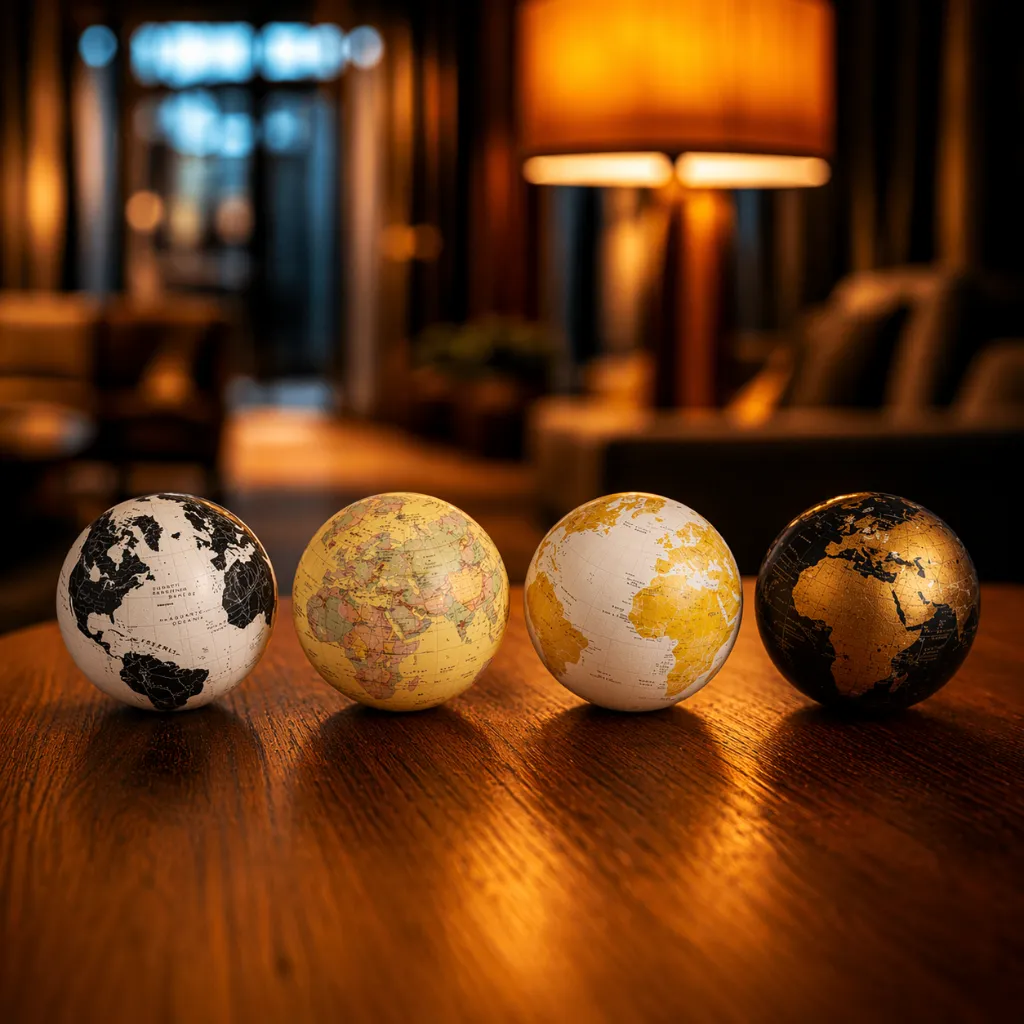 Elegant globes on a wooden table.webp