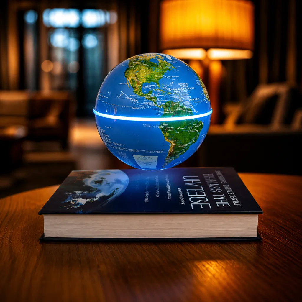 Levitating globe and warm ambiance.webp