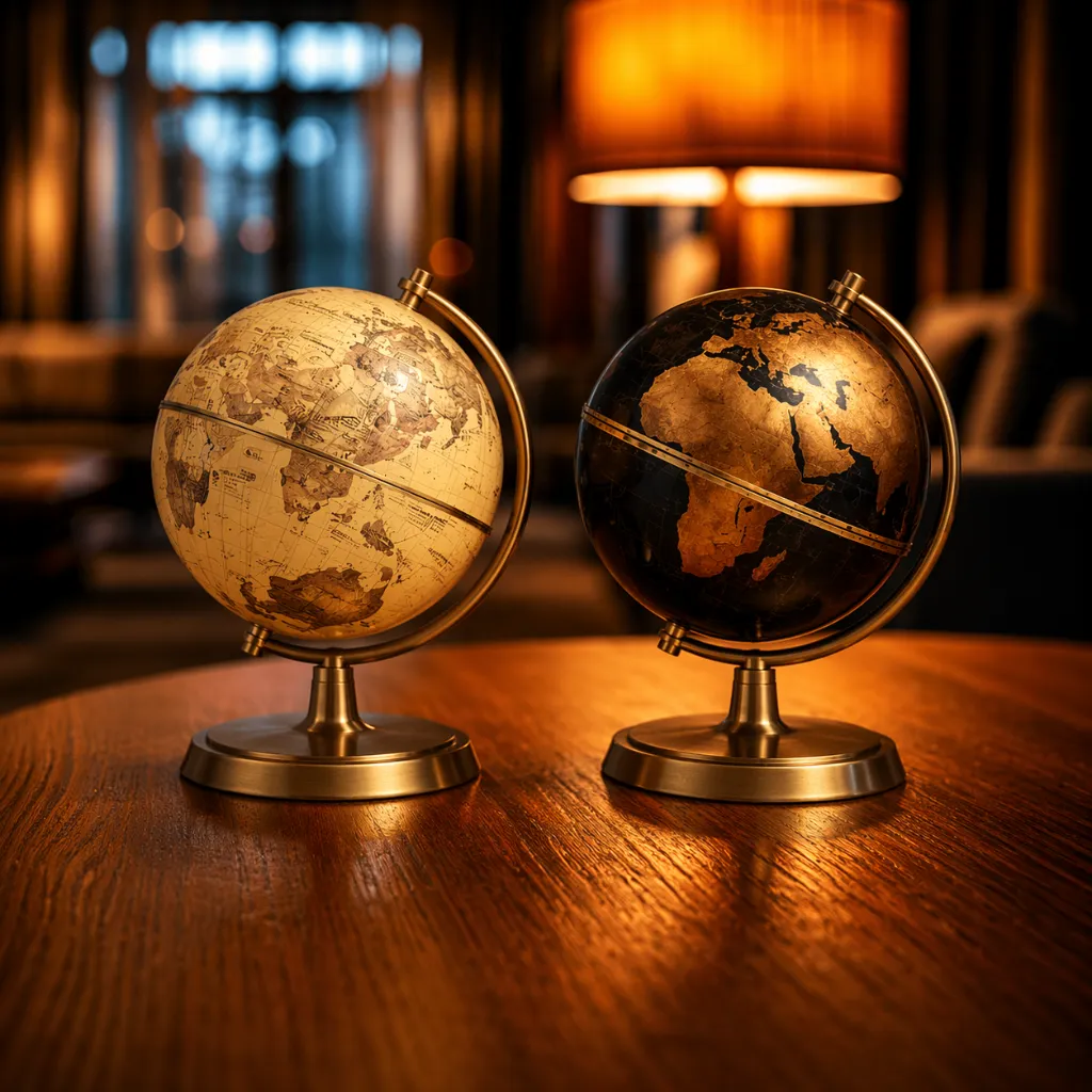 Antique globes on a wooden table.webp