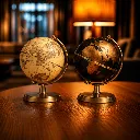 Antique globes on a wooden table.webp