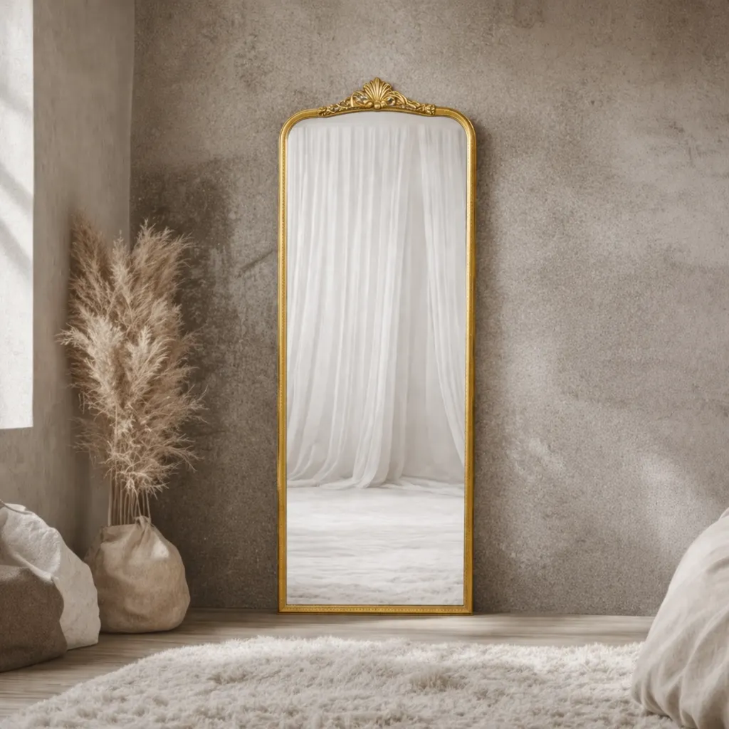 Serene minimalist interior with ornate mirror.webp