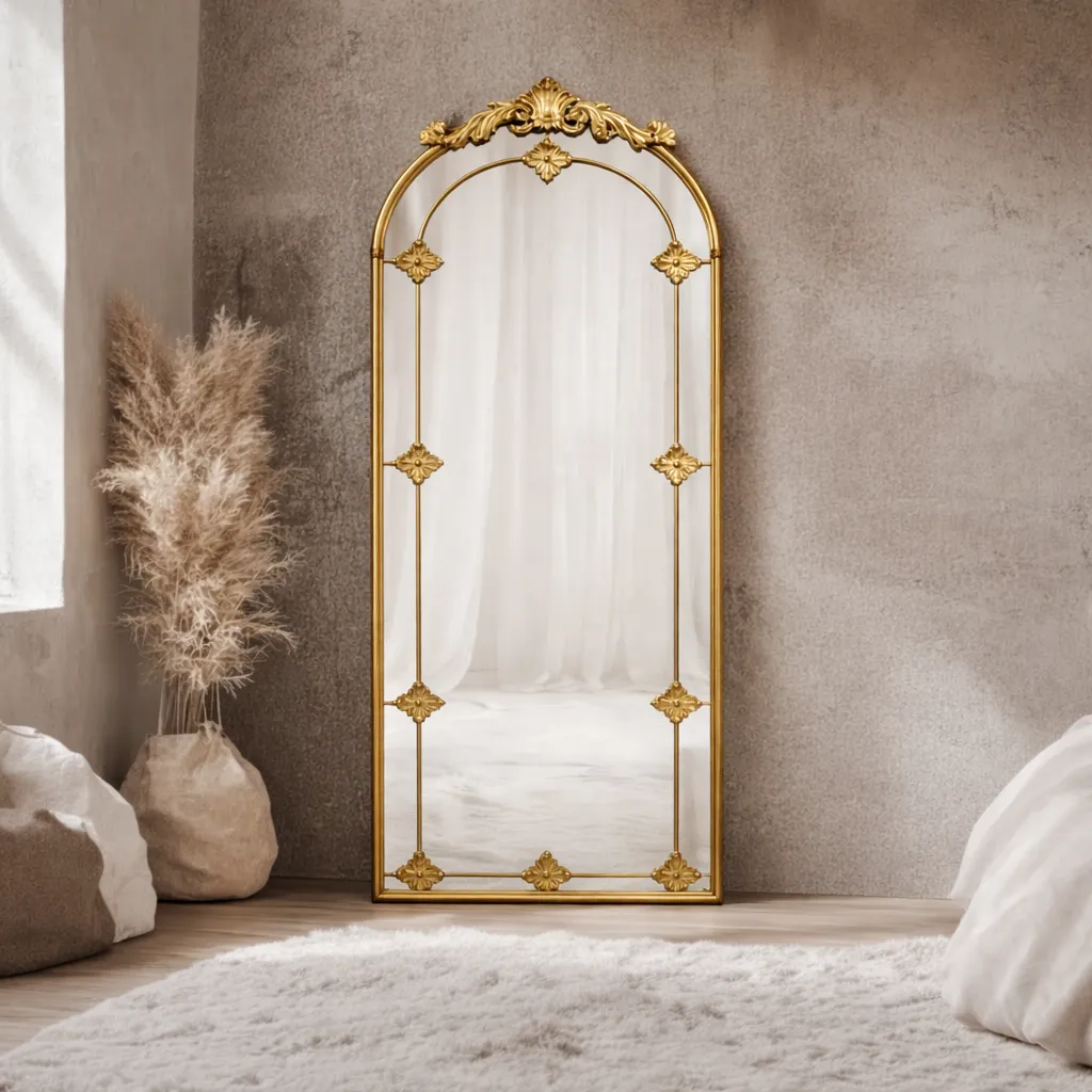 Elegant gold-framed mirror in serene room.webp