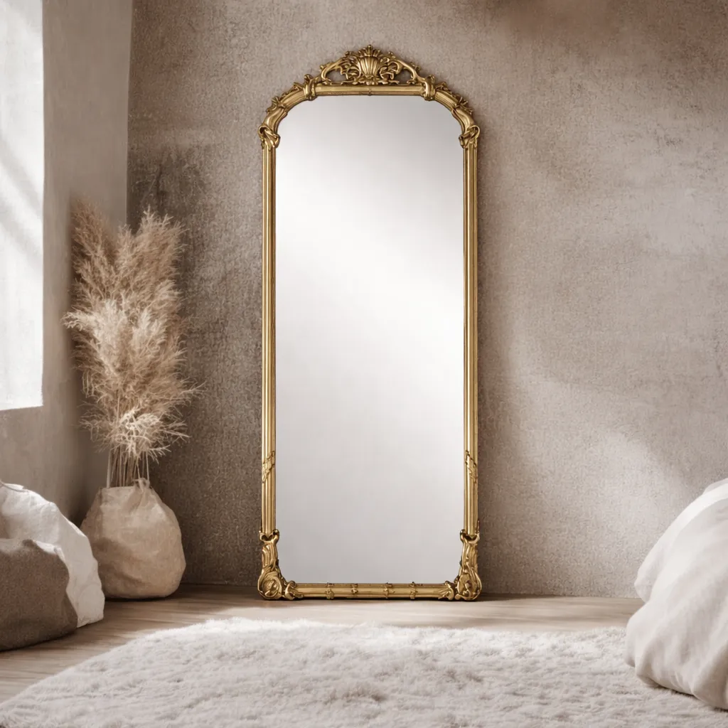 Ornate gold mirror in minimalist room.webp