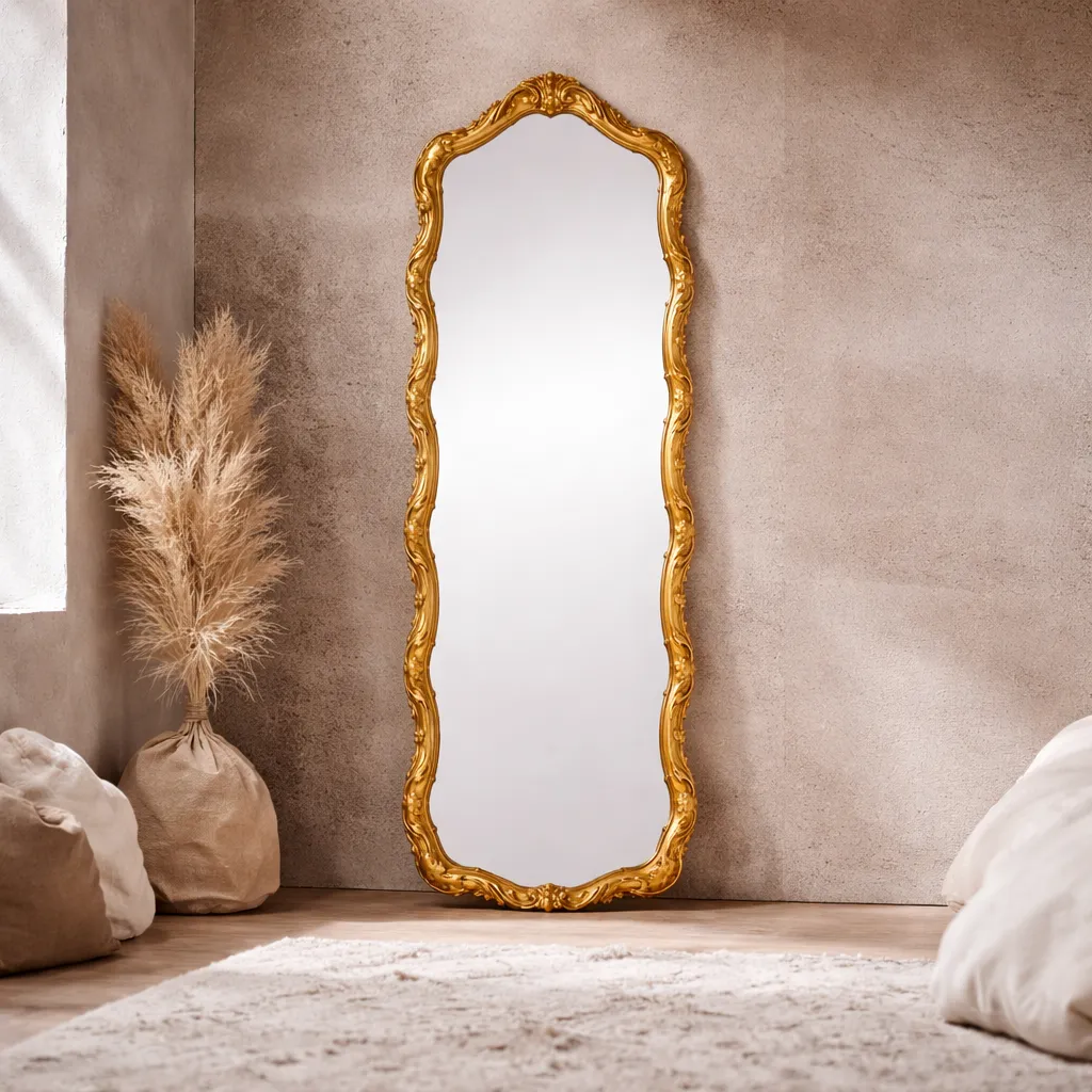 Elegant gold-framed mirror in cozy room.webp