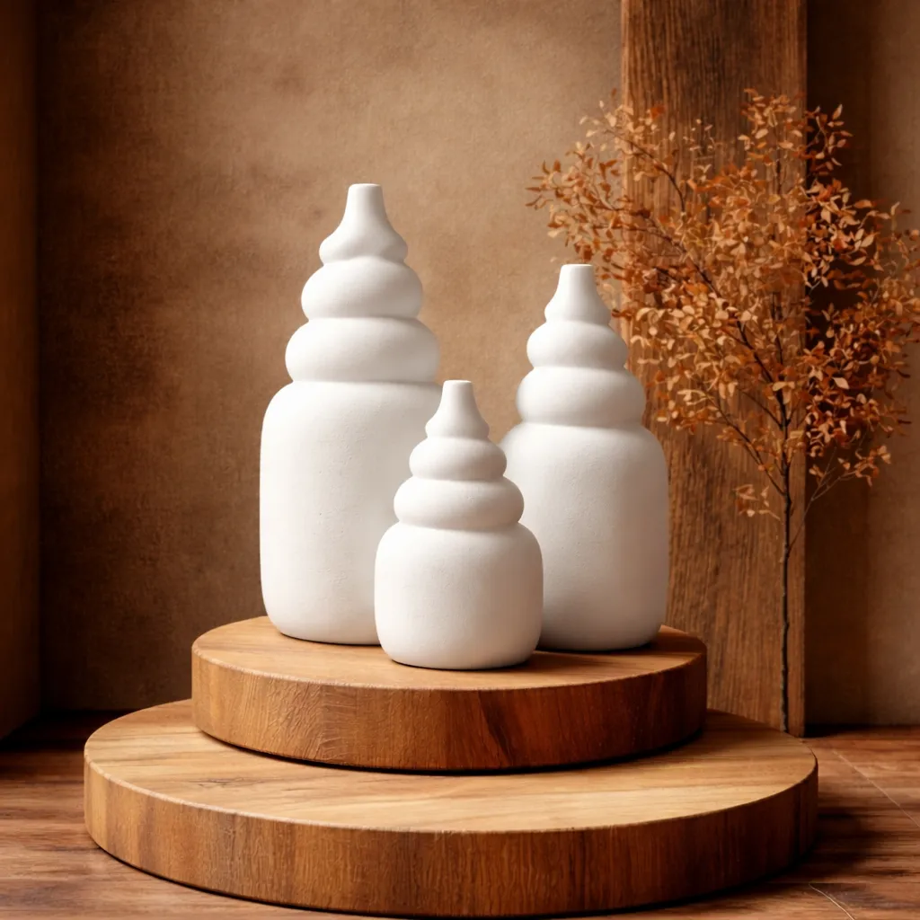 Spiral tiered vases on wooden platforms.webp