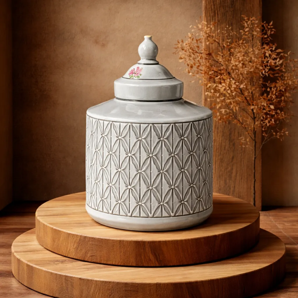 Ceramic jar with floral lid.webp