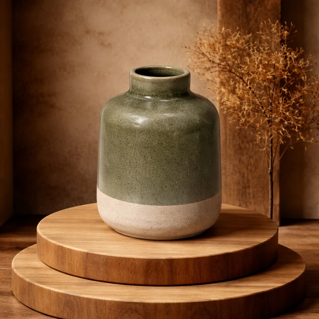 Earthy ceramic vase on wooden platforms.webp