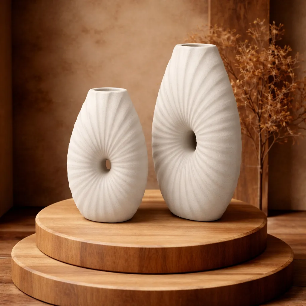 Elegant ceramic vases on wooden platforms.webp