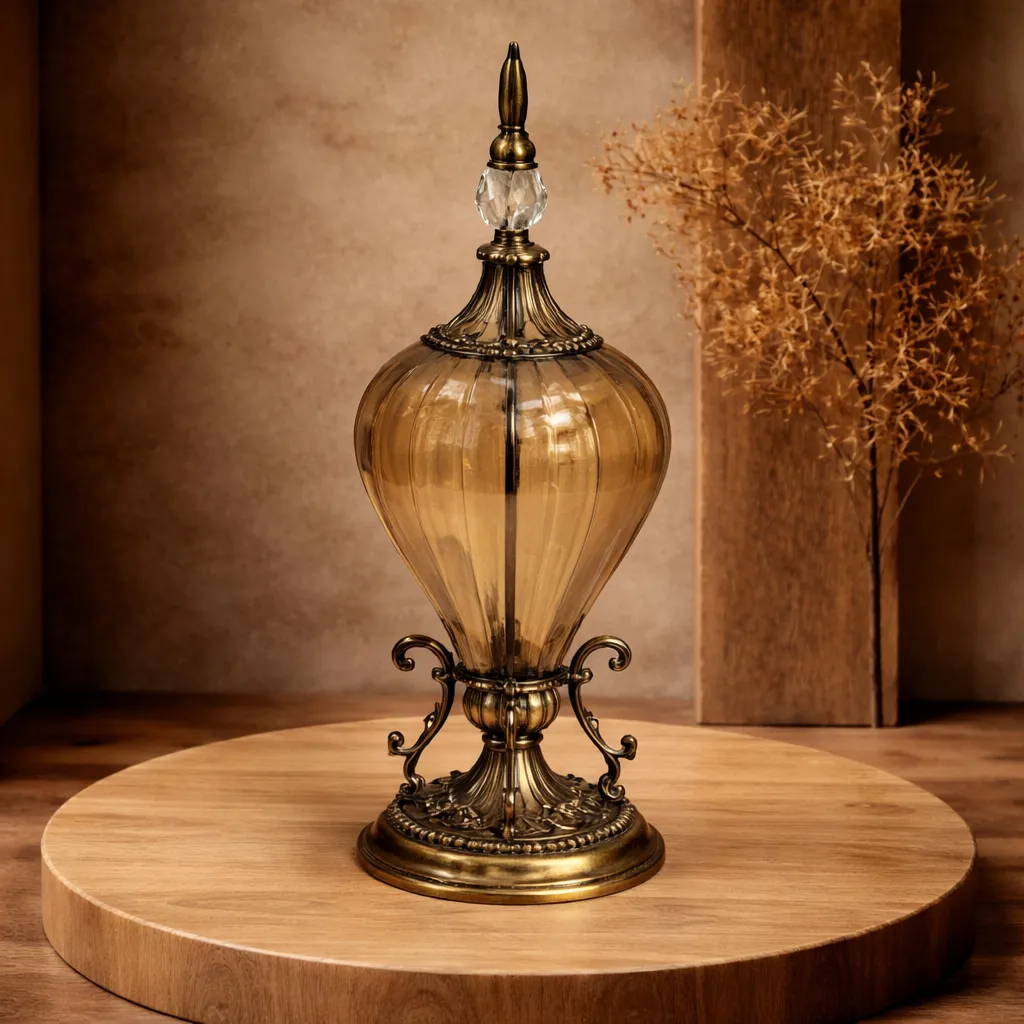 Intricate amber glass finial design.webp