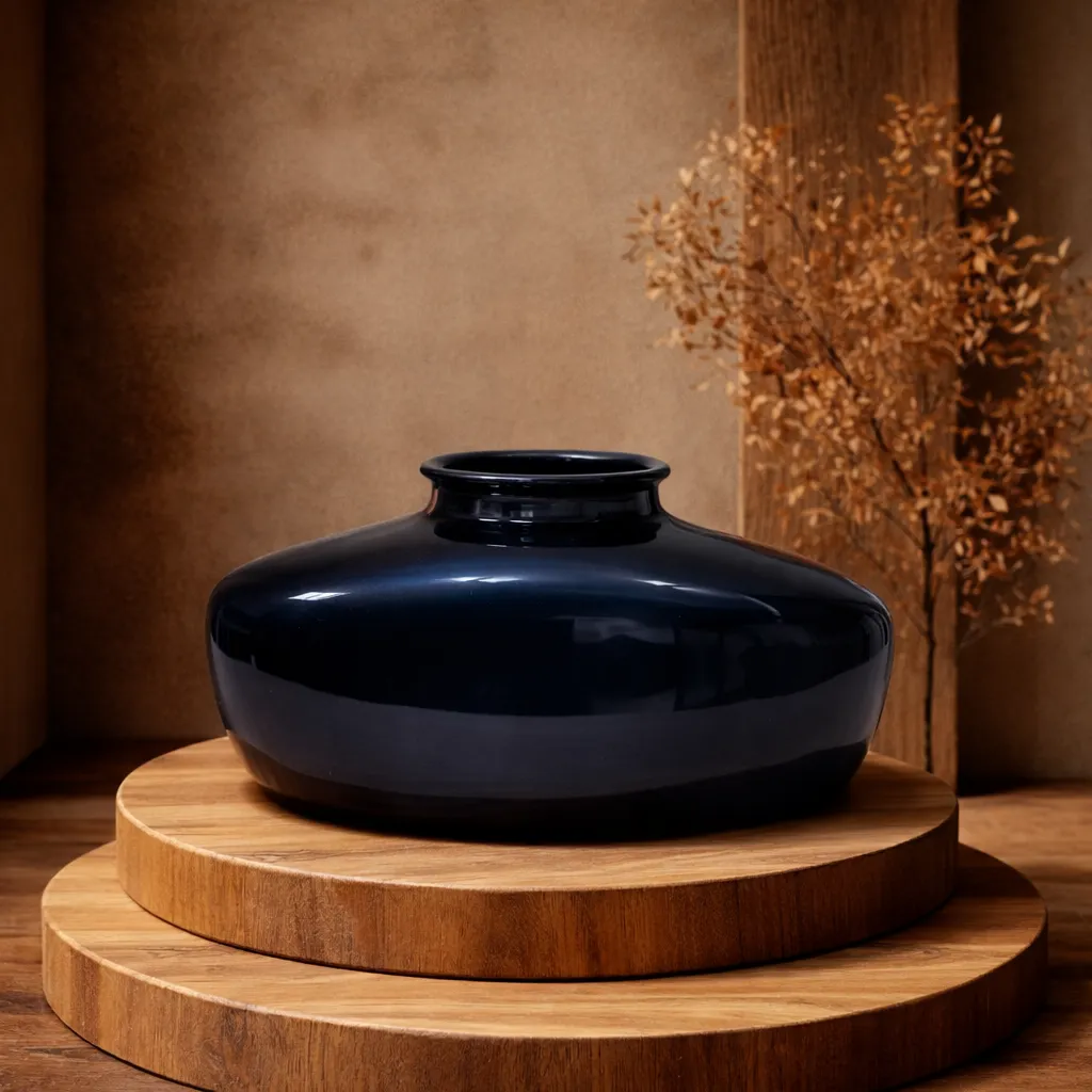 Navy vase on wooden platforms.webp