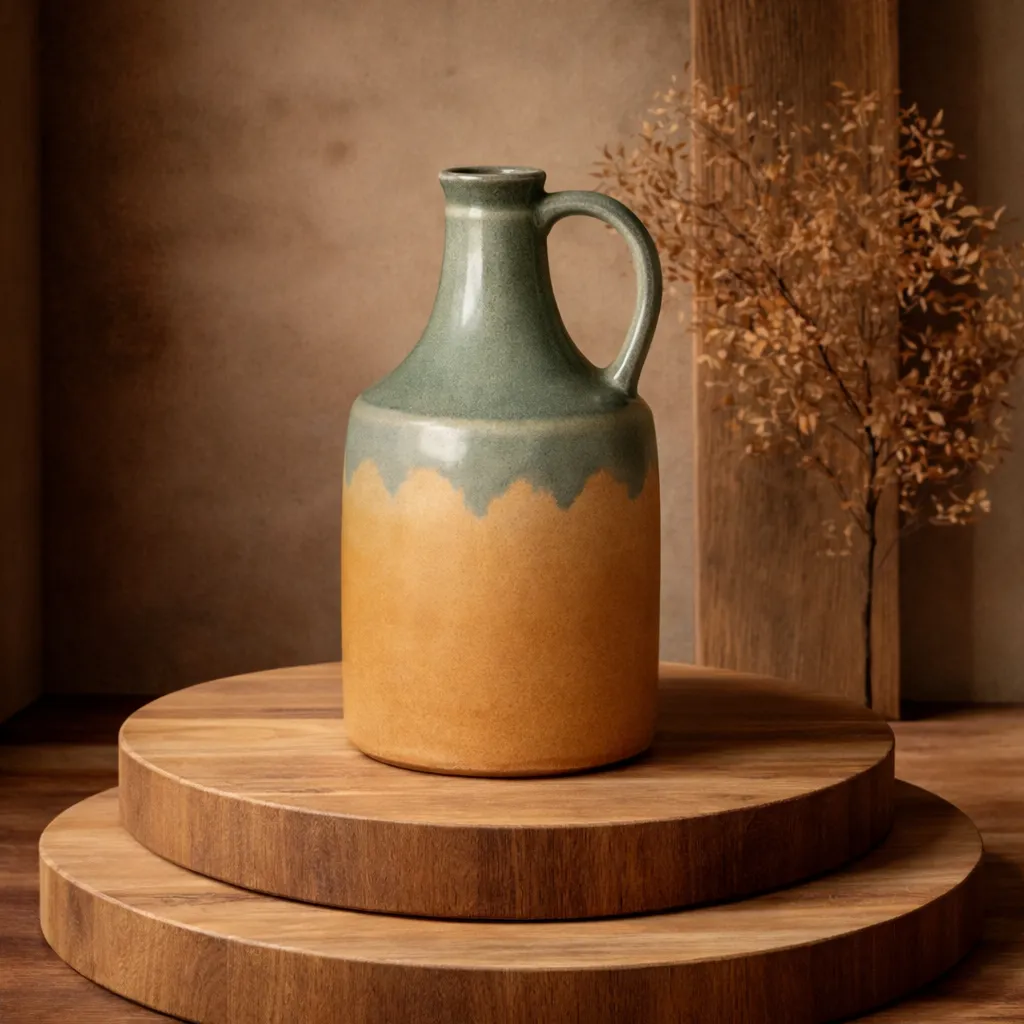 Earthy jug on wooden platforms.webp