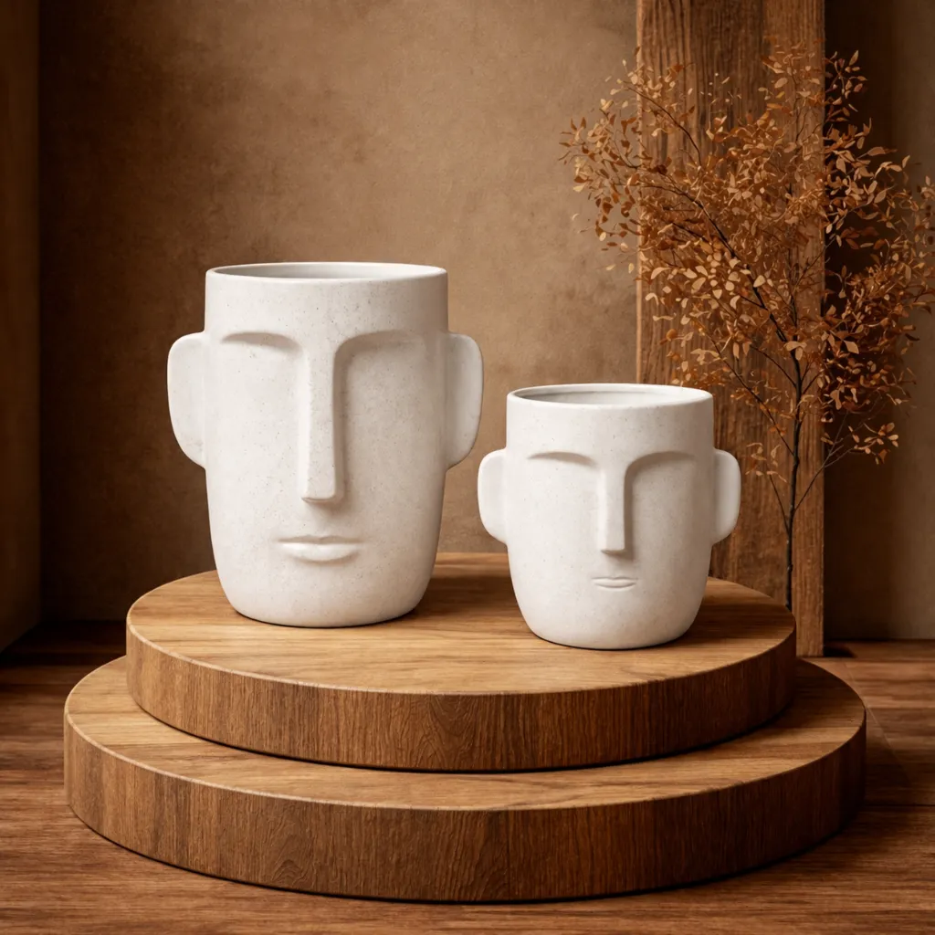 Minimalist ceramic faces on wooden pedestals.webp