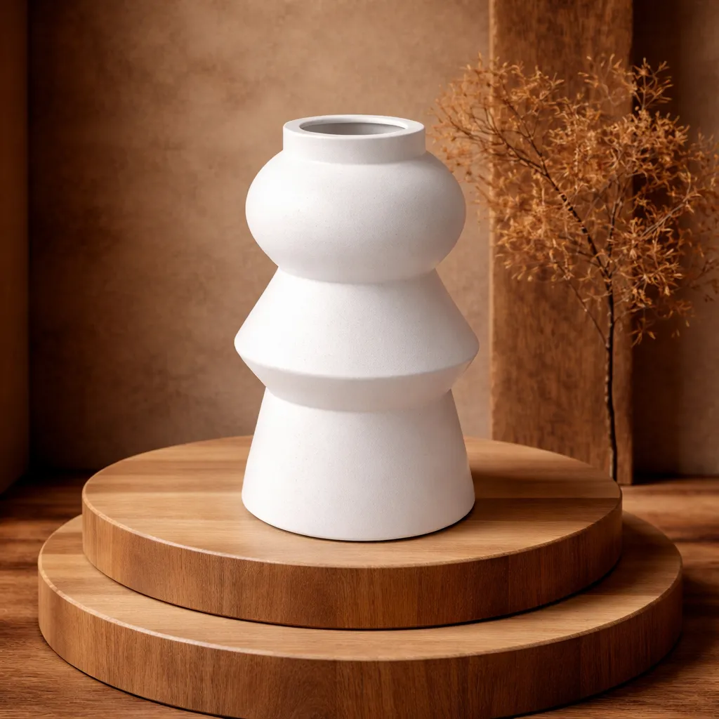 Sculptural vase on wooden platforms.webp