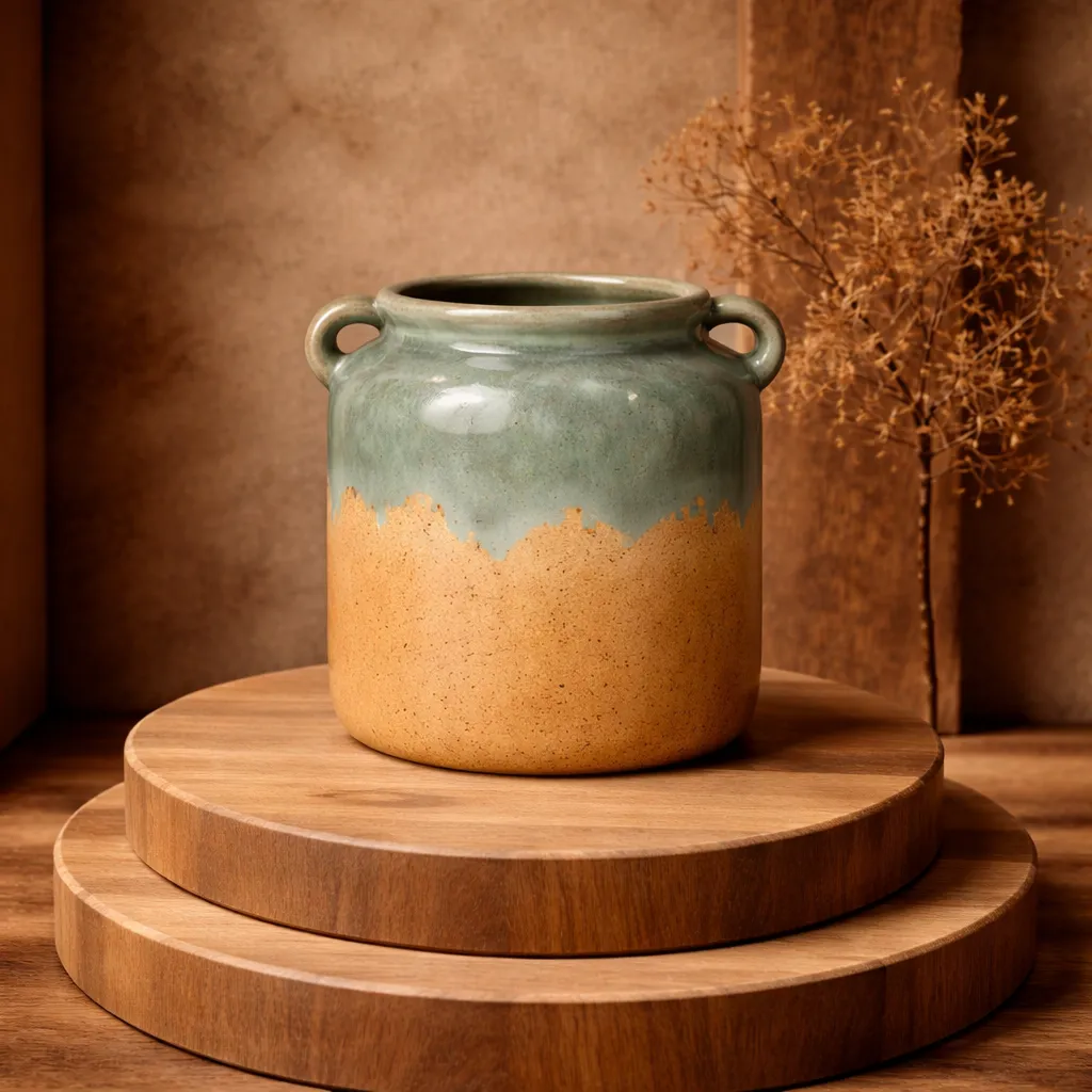 Handcrafted ceramic jar on wood platforms.webp