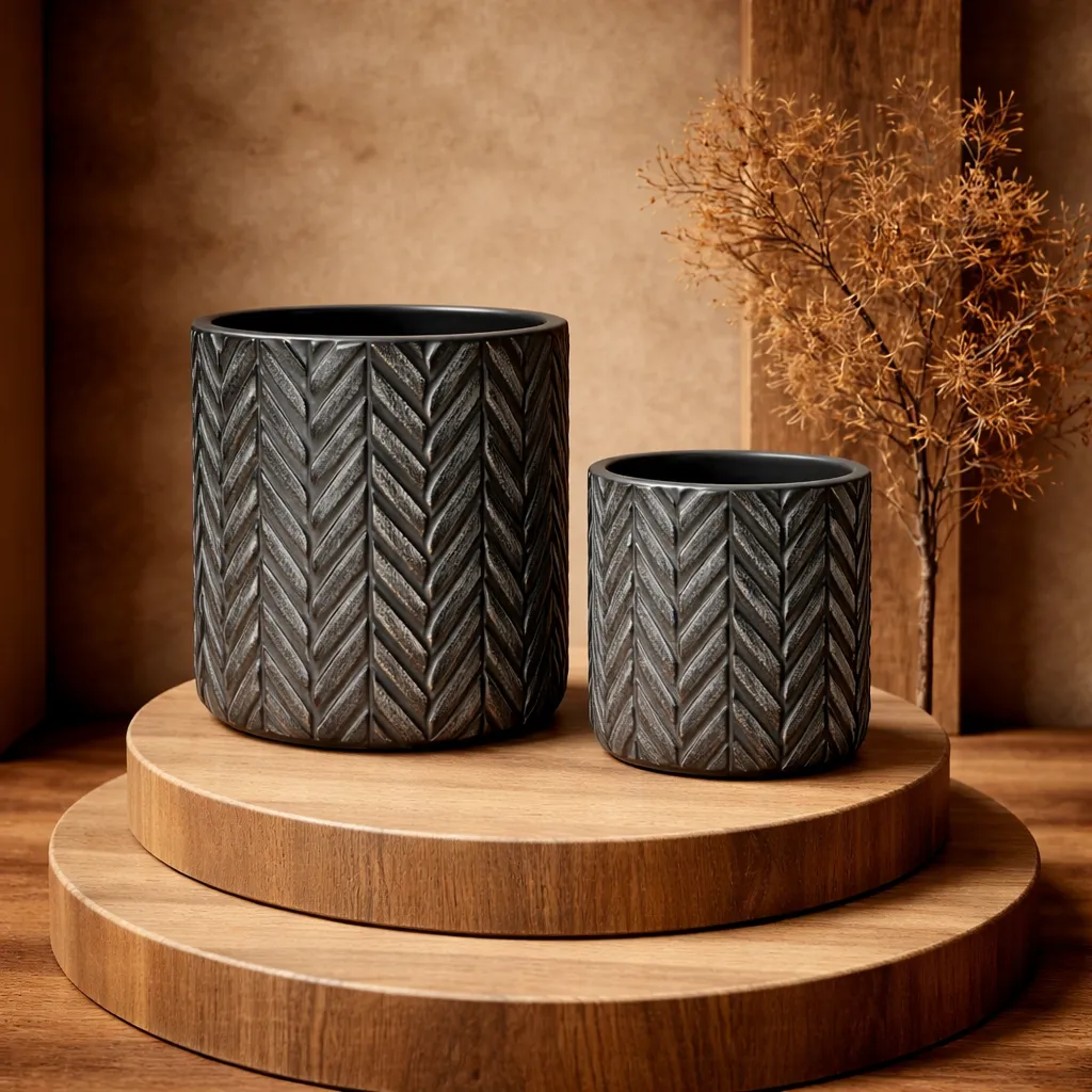 Dark gray planters on wooden platforms.webp