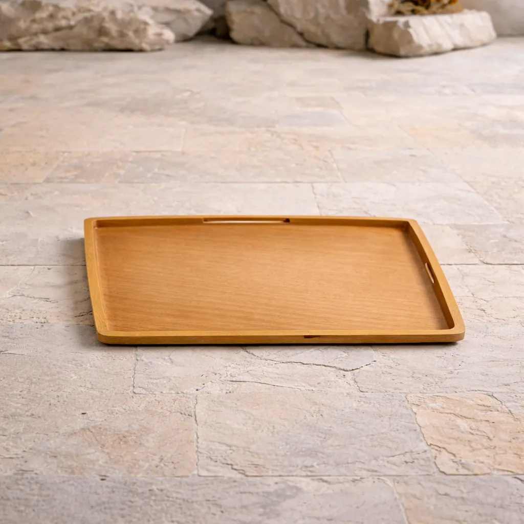 Wooden tray on textured stone floor.webp