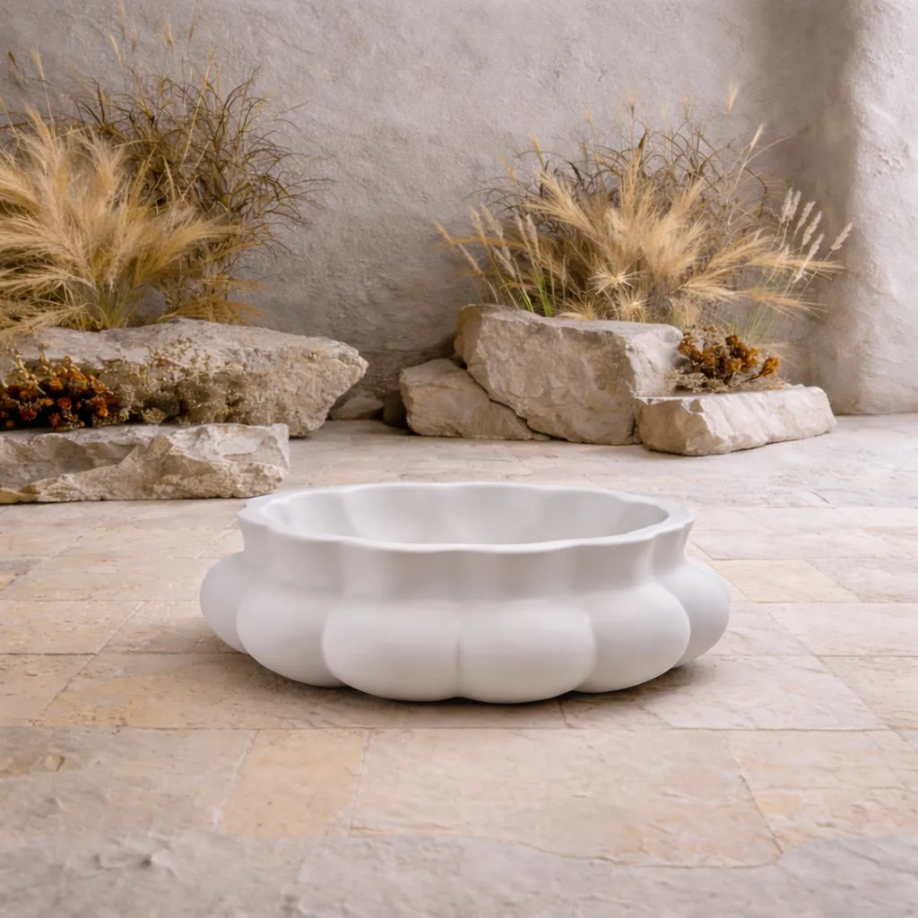 Scalloped bowl on textured stone.webp