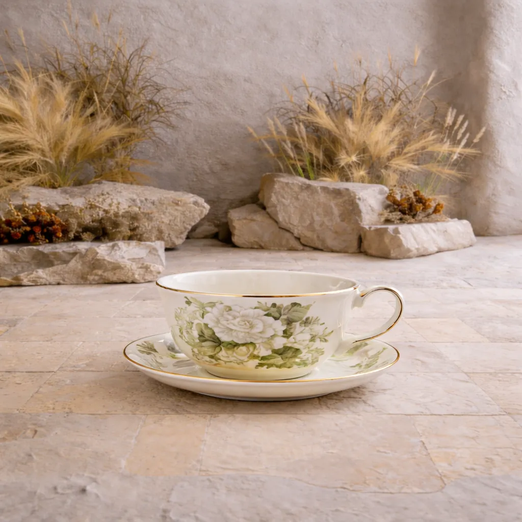 Porcelain teacup on stone floor.webp