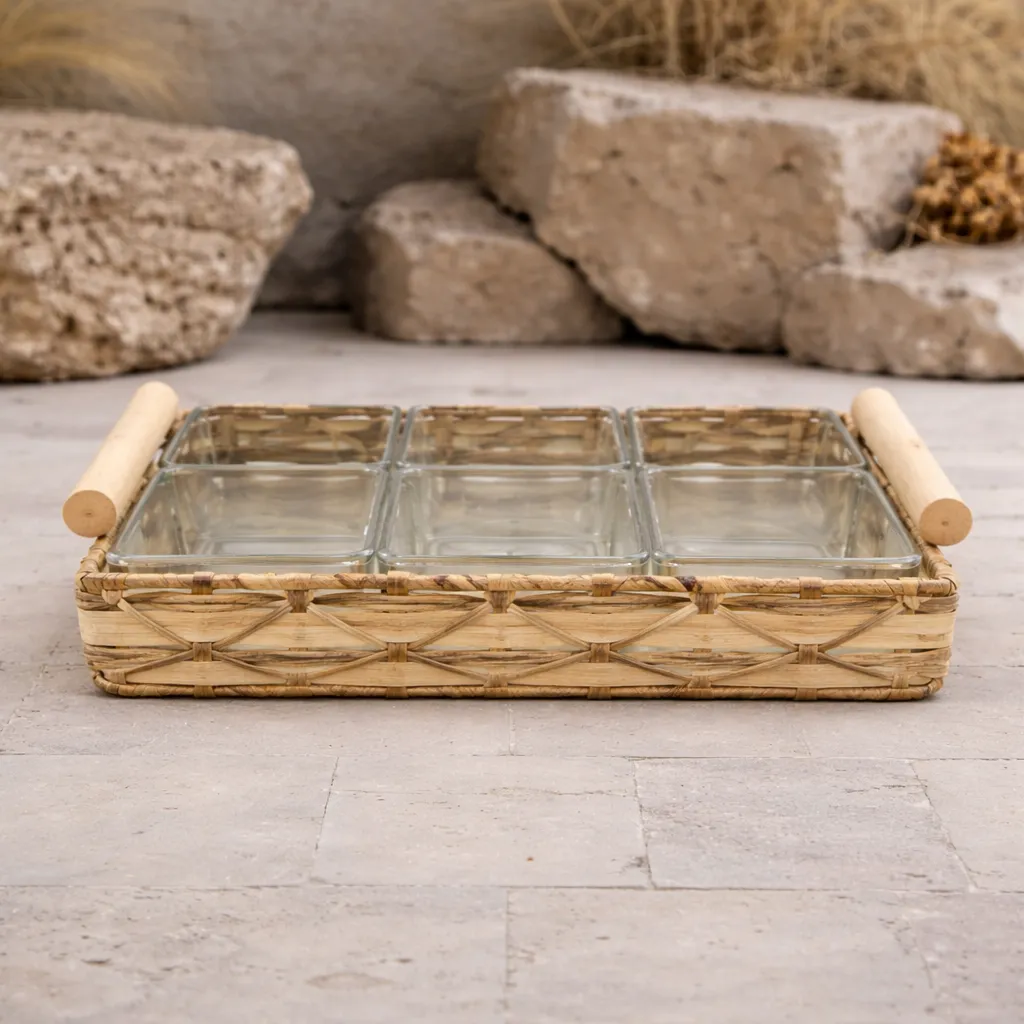 Woven tray with glass containers.webp