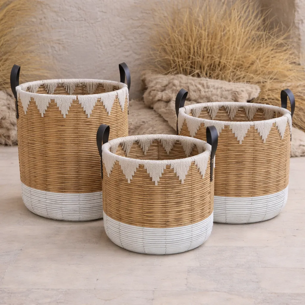 Woven baskets on stone patio.webp