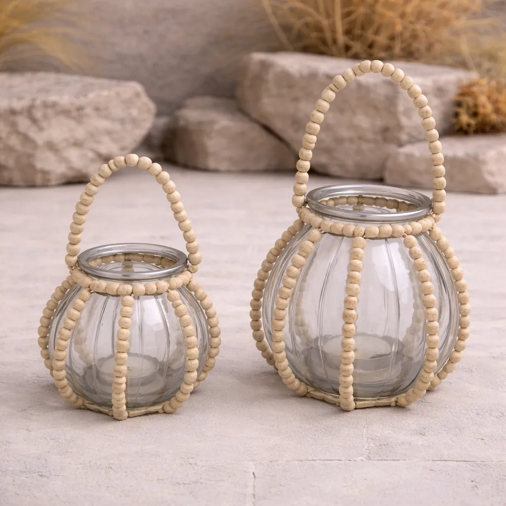 Beaded glass lanterns on stone patio.webp