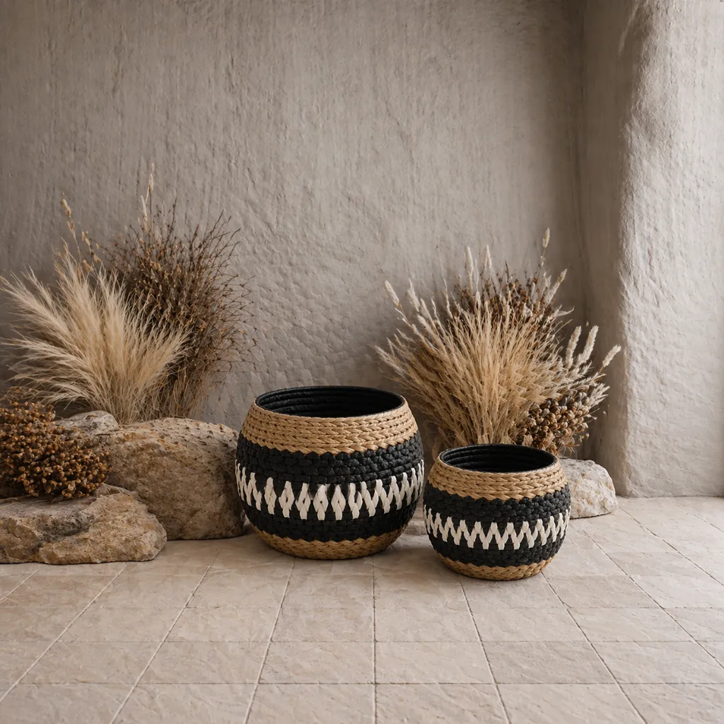Black & Natural Pattern Woven Basket Set.webp