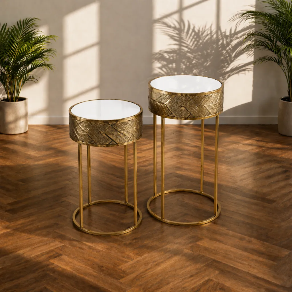 Minimalist tables with brass accents.webp