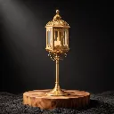 Elegant gold lantern on black sand.webp